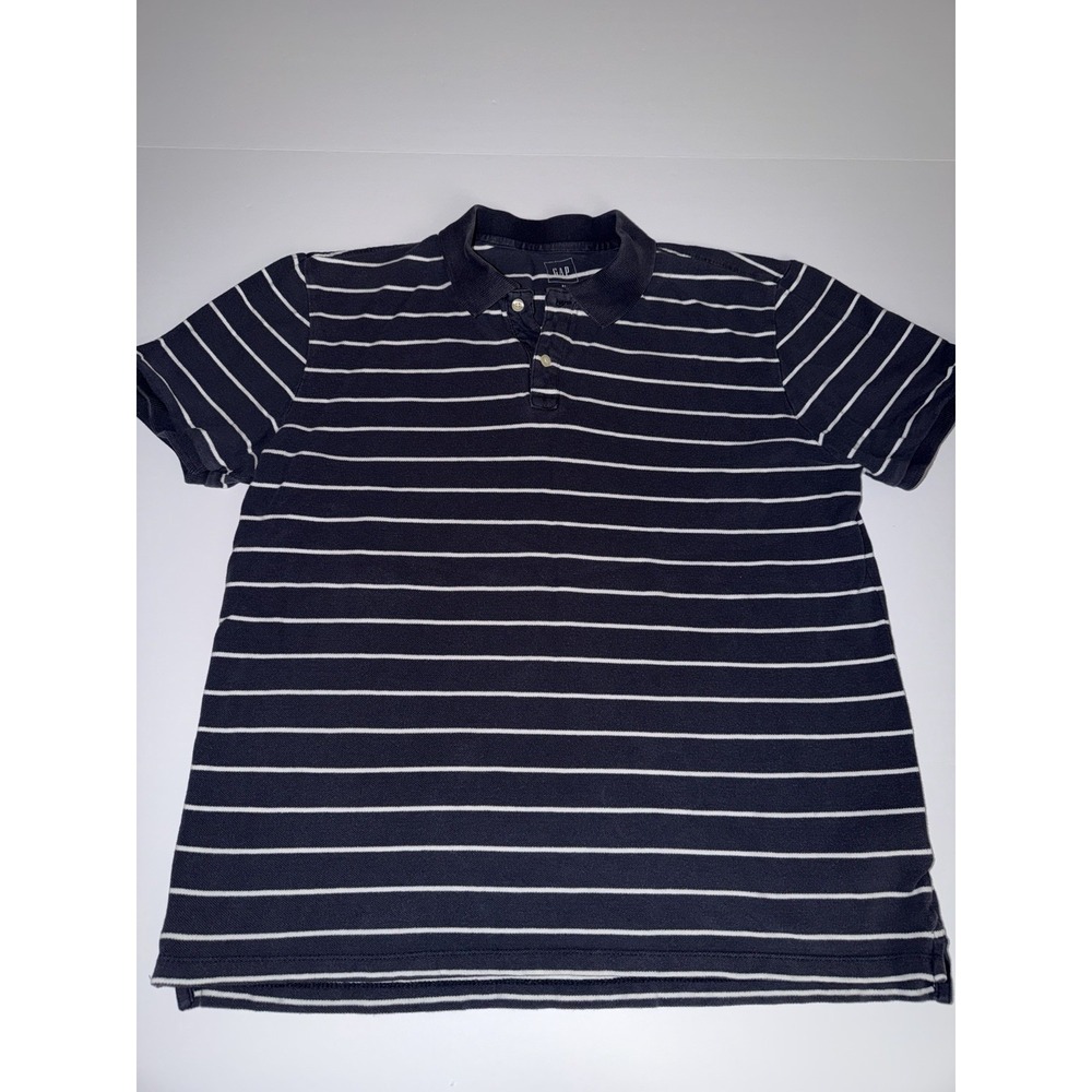 GAP Men XL Polo Shirt Navy Blue White Striped Collared 100% Cotton Casual Preppy